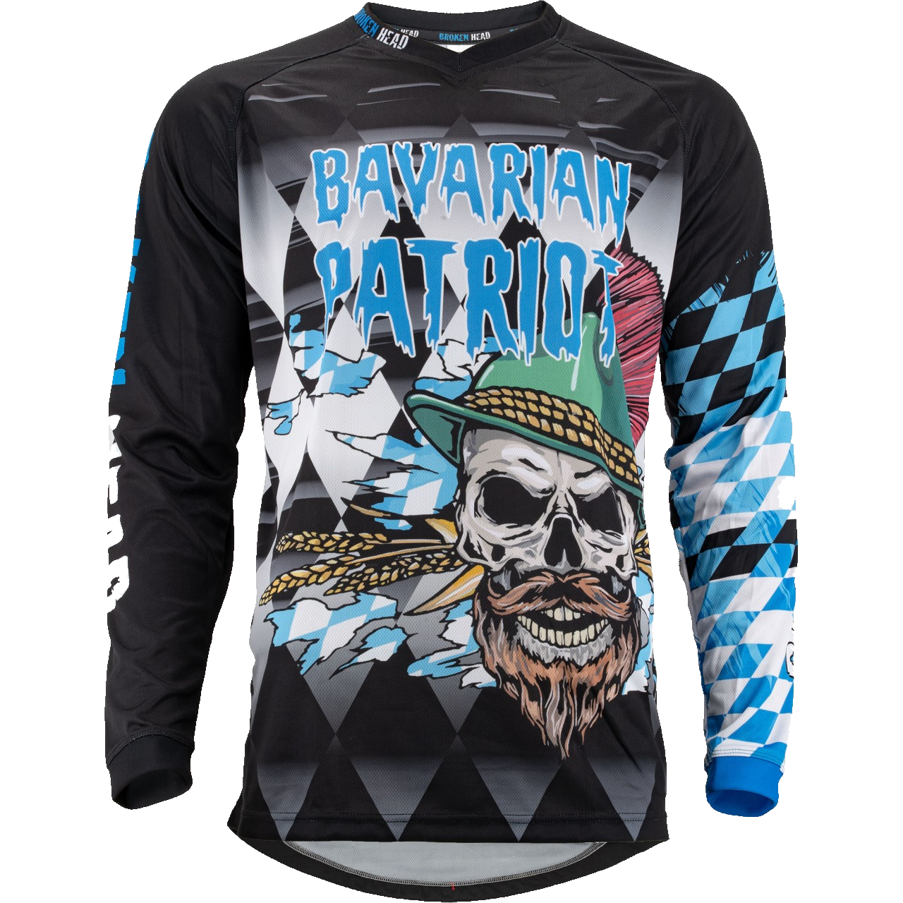 Sauber freigestelltes Broken Head MX Jersey Bavarian Patriot in Weiß und Blau