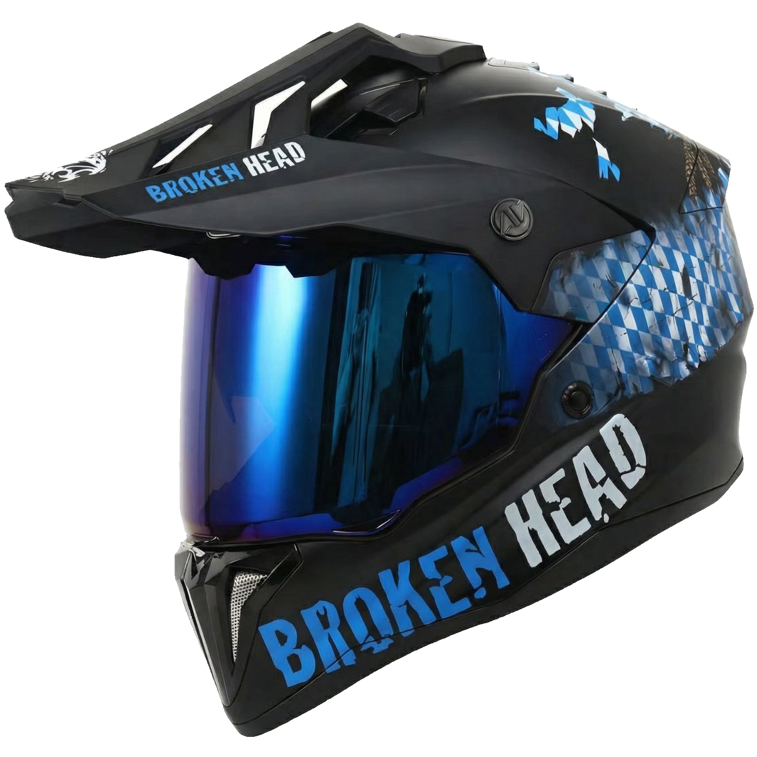 Sauber freigestellter Broken Head Bavarian Patriot Endurohelm mit blau verspiegeltem Visier